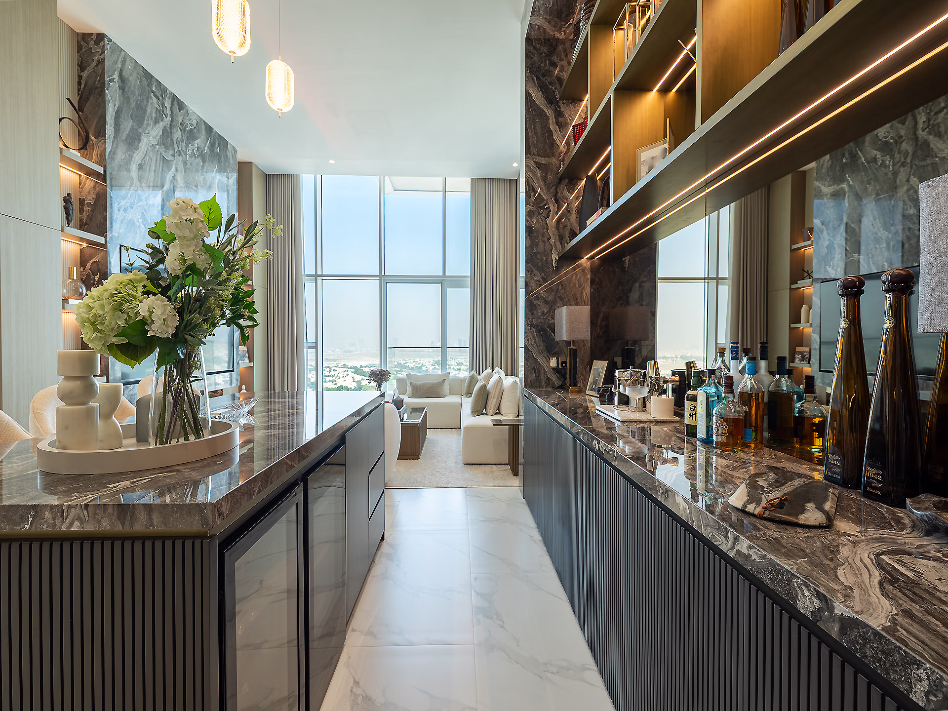 Banyan Tree residence, marble bar and illuminated cabinetry